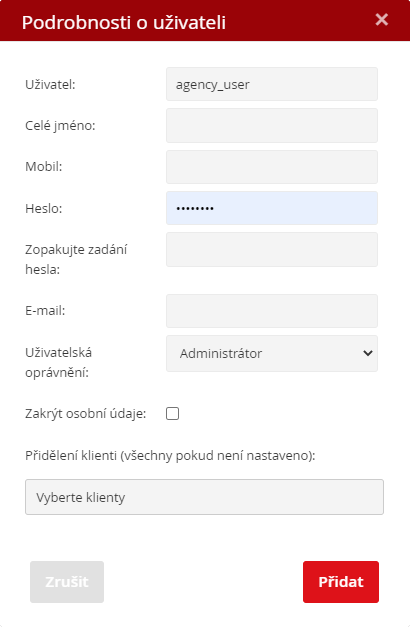 Přidání uživatele