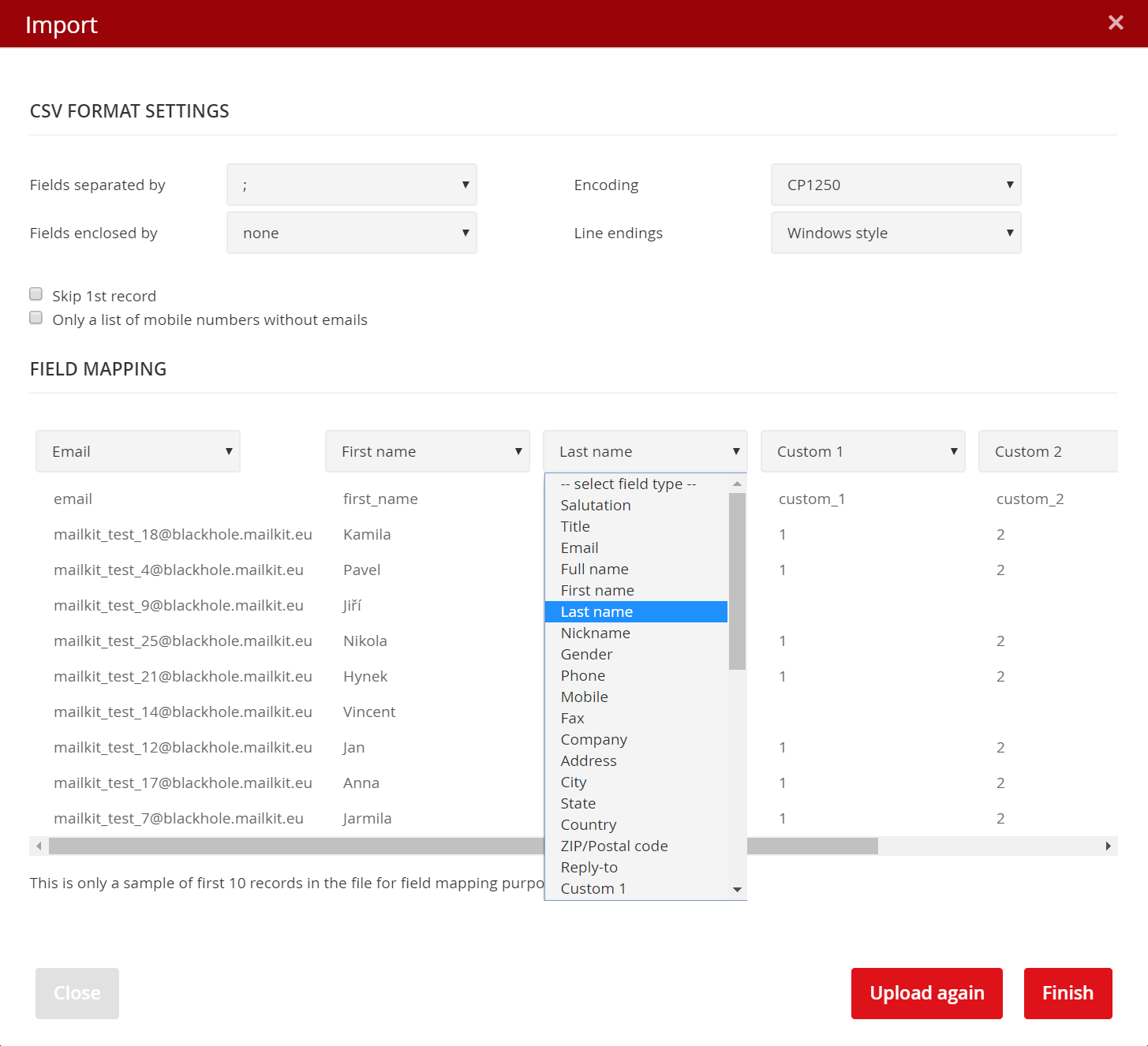 Manual import – field mapping