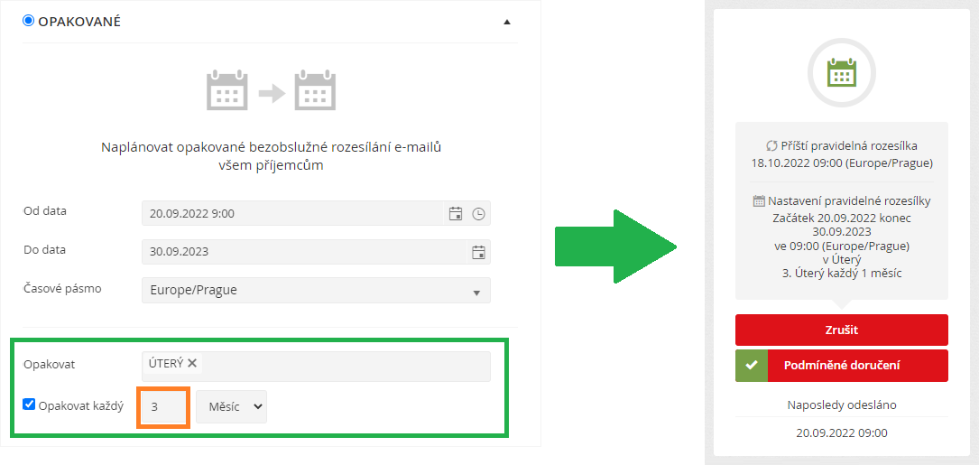 Opakované odeslání - každé 3. úterý každý 3. měsíc