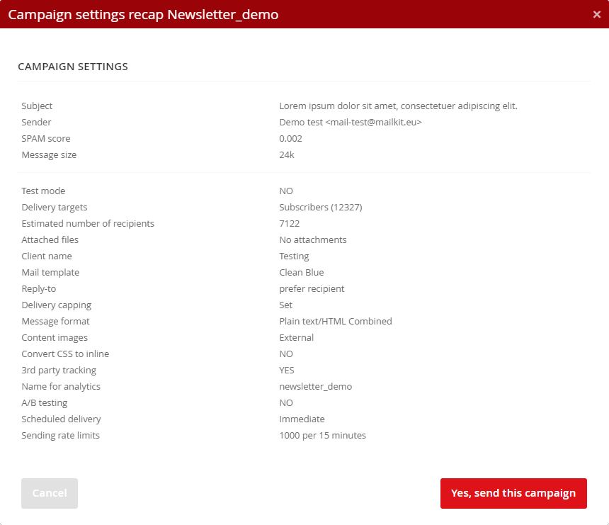 Campaign settings recap table