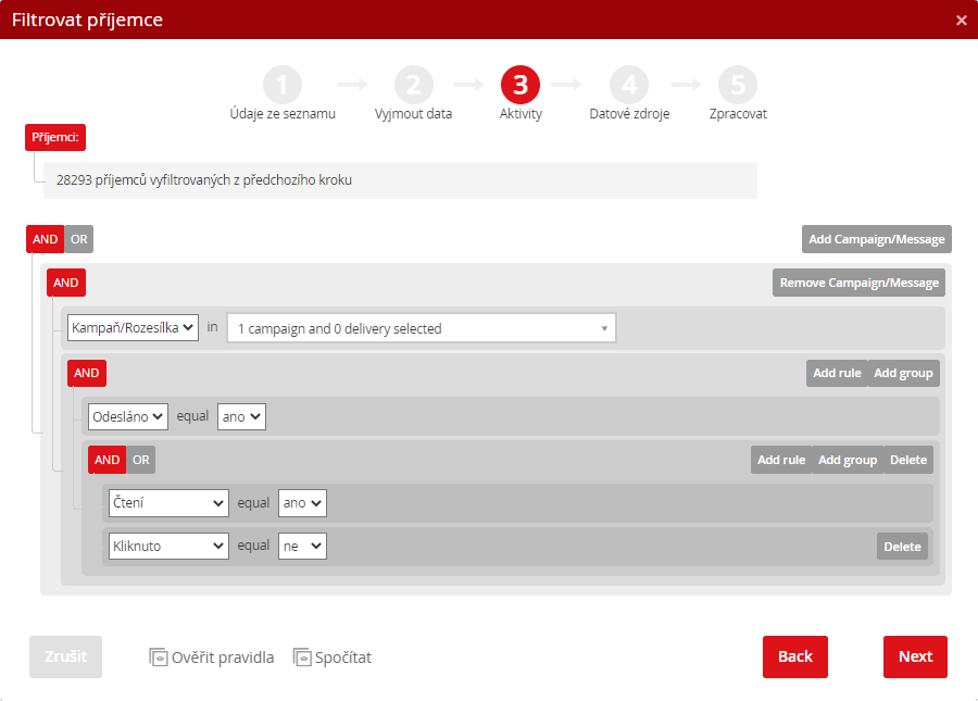 Filtrování příjemců – 3. krok