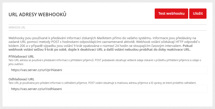 URL adresy webhooků URL adresy webhooků
