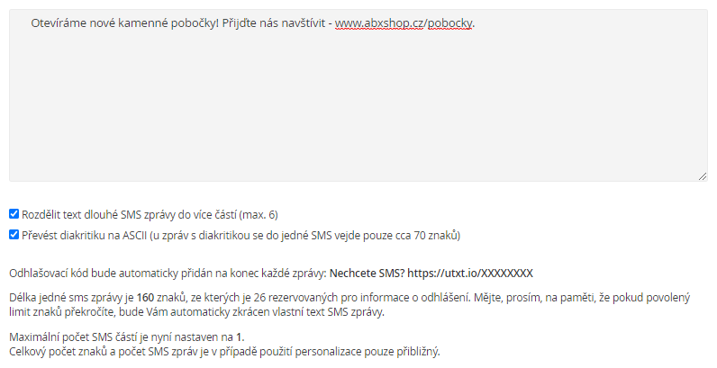 Editace obsahu SMS zprávy Editace obsahu SMS zprávy