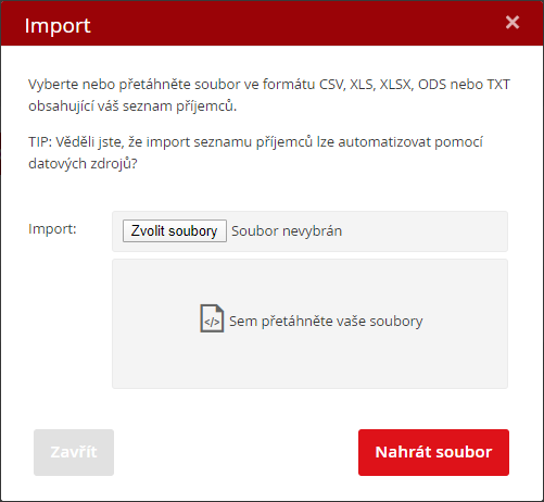 Import seznamu příjemců